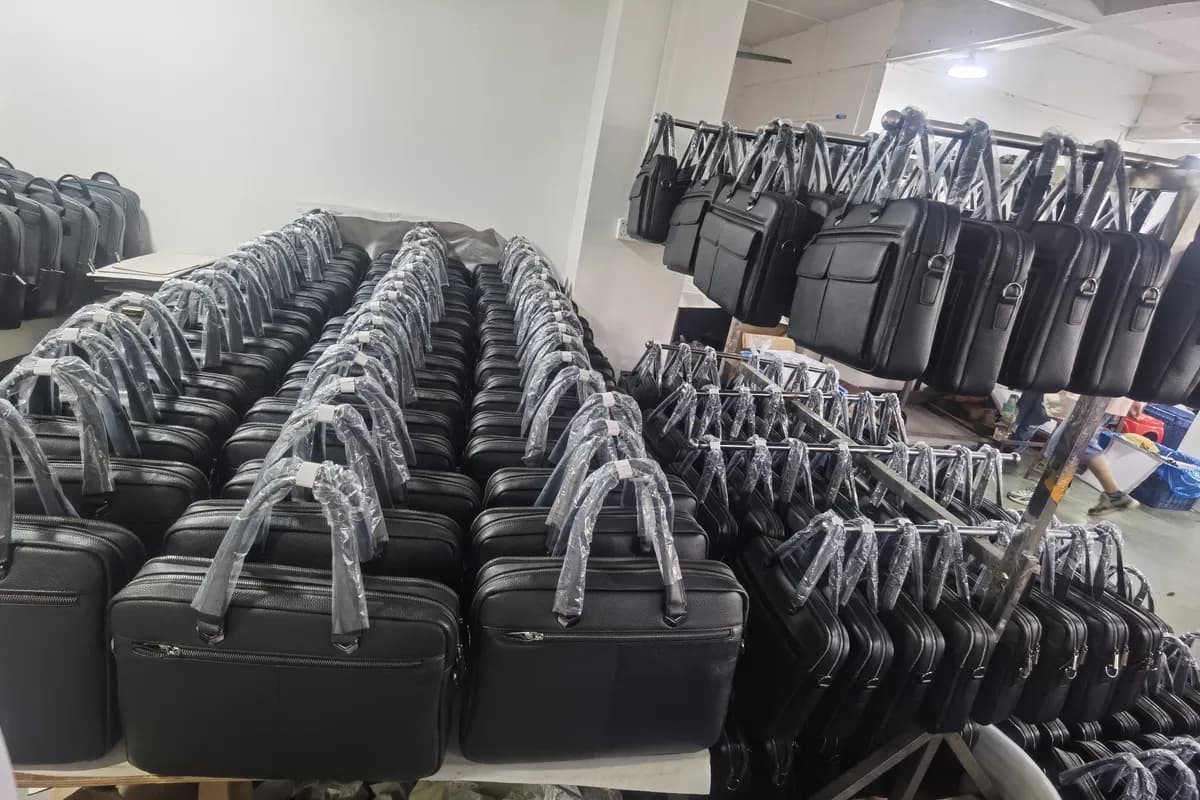 Completed leather bags organized before shipment preparation