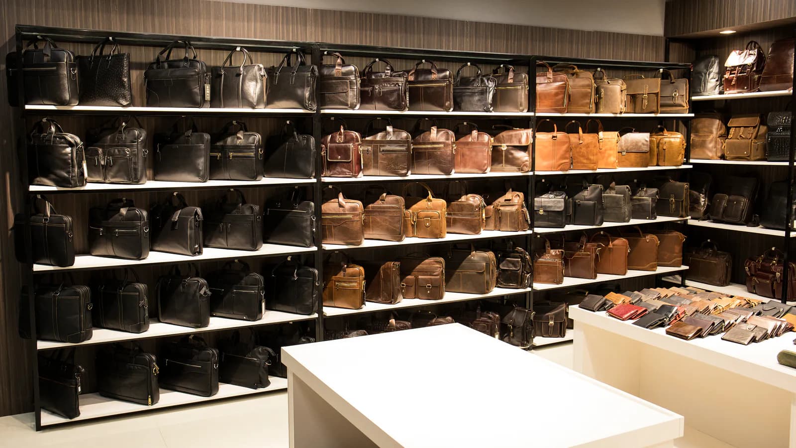 Marrant showroom with leather bag and small leather goods collections