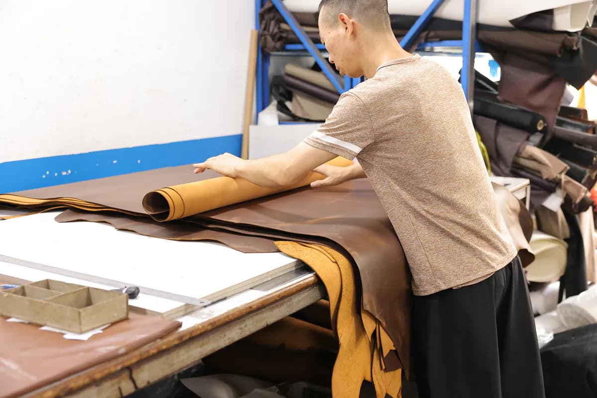 Leather material being prepared at the cutting table