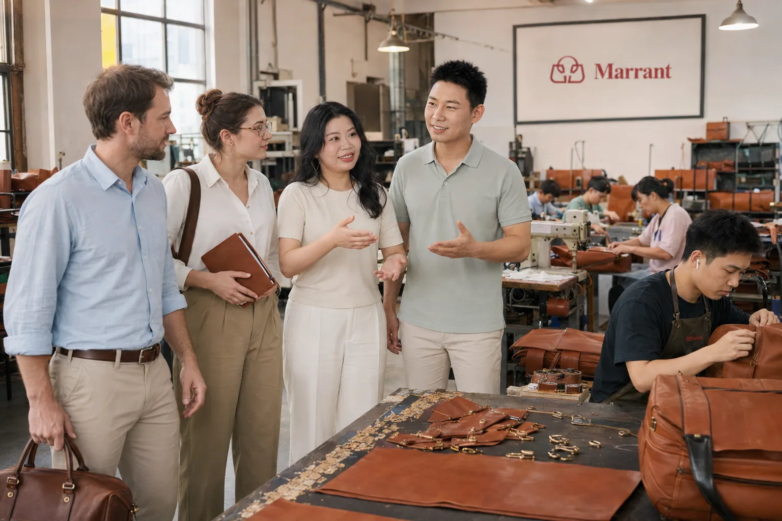 International buyers reviewing leather bag samples during a factory visit in Guangzhou