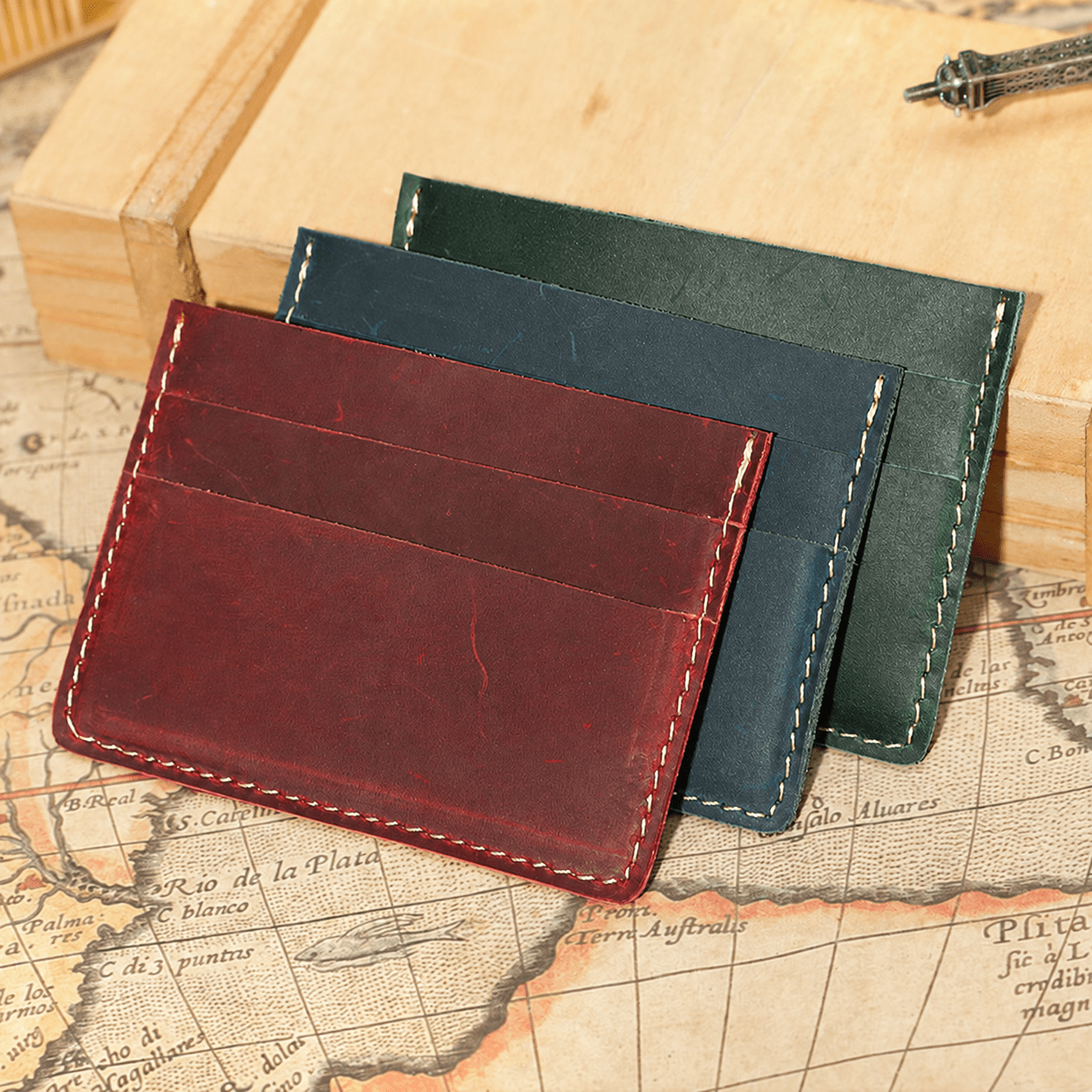 Red, blue and green crazy horse leather card holders, style 1343, with supplier logo removed