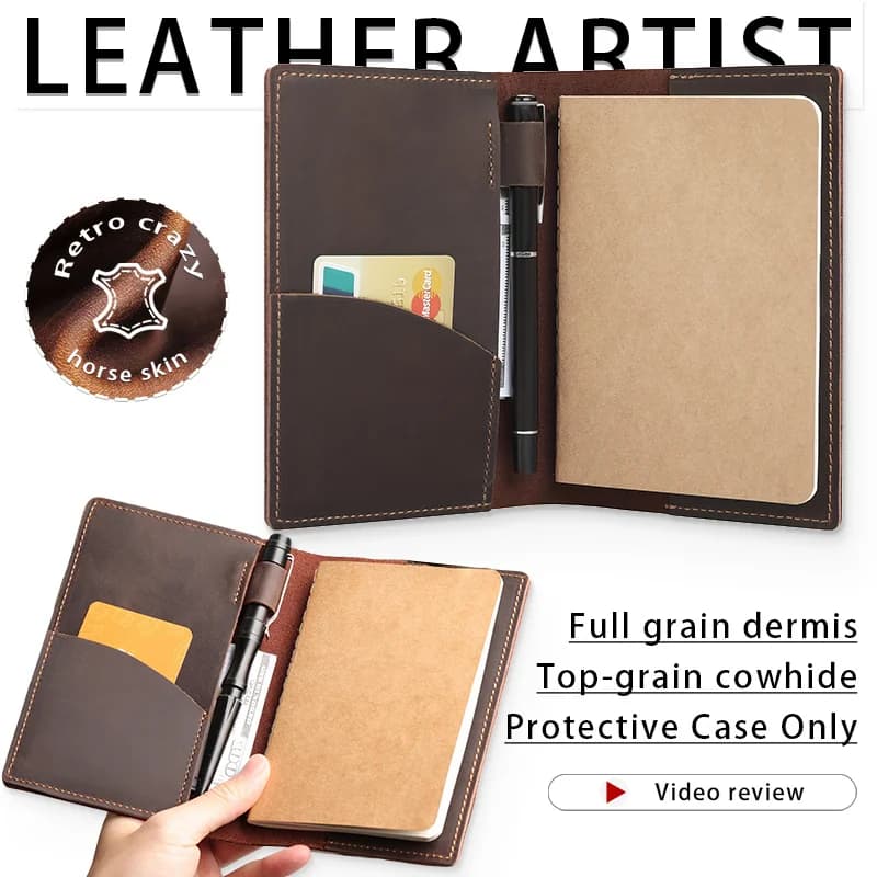Style Q1005 crazy horse top-grain leather notebook cover with card pocket and pen loop; display props not included