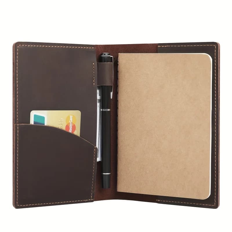 Style Q1005 coffee leather notebook organizer open with notebook, pen and card compartments