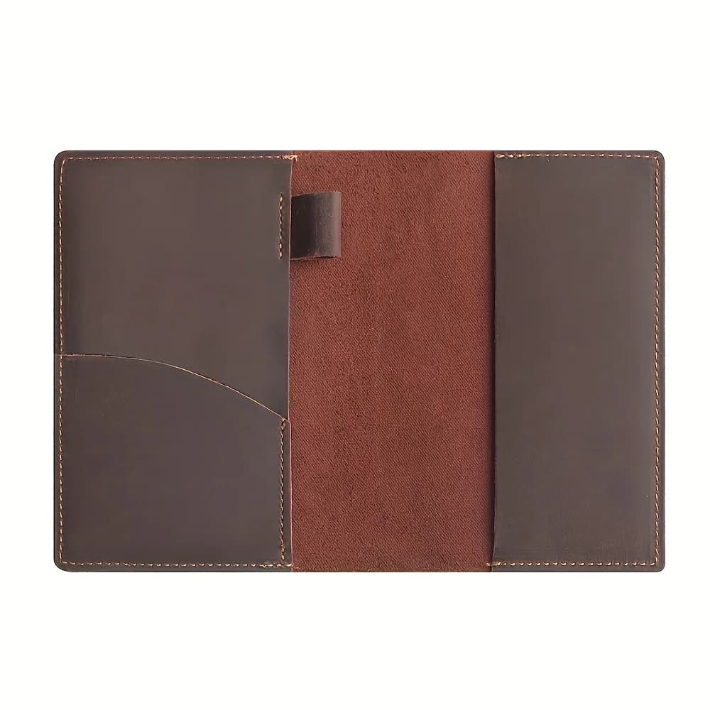 Style Q1005 crazy horse top-grain leather notebook cover with card pocket and pen loop; display props not included