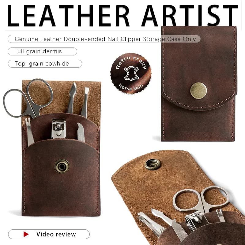 Style Q1003 crazy horse top-grain leather scissors storage pouch feature overview; tools shown are not included