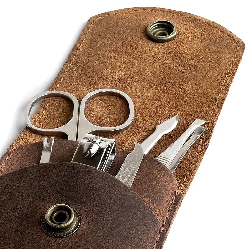 Style Q1003 coffee crazy horse leather scissors pouch shown open and closed