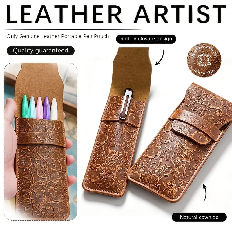 Style Q1010 floral-embossed top-grain leather pen sleeve feature overview; pens not included
