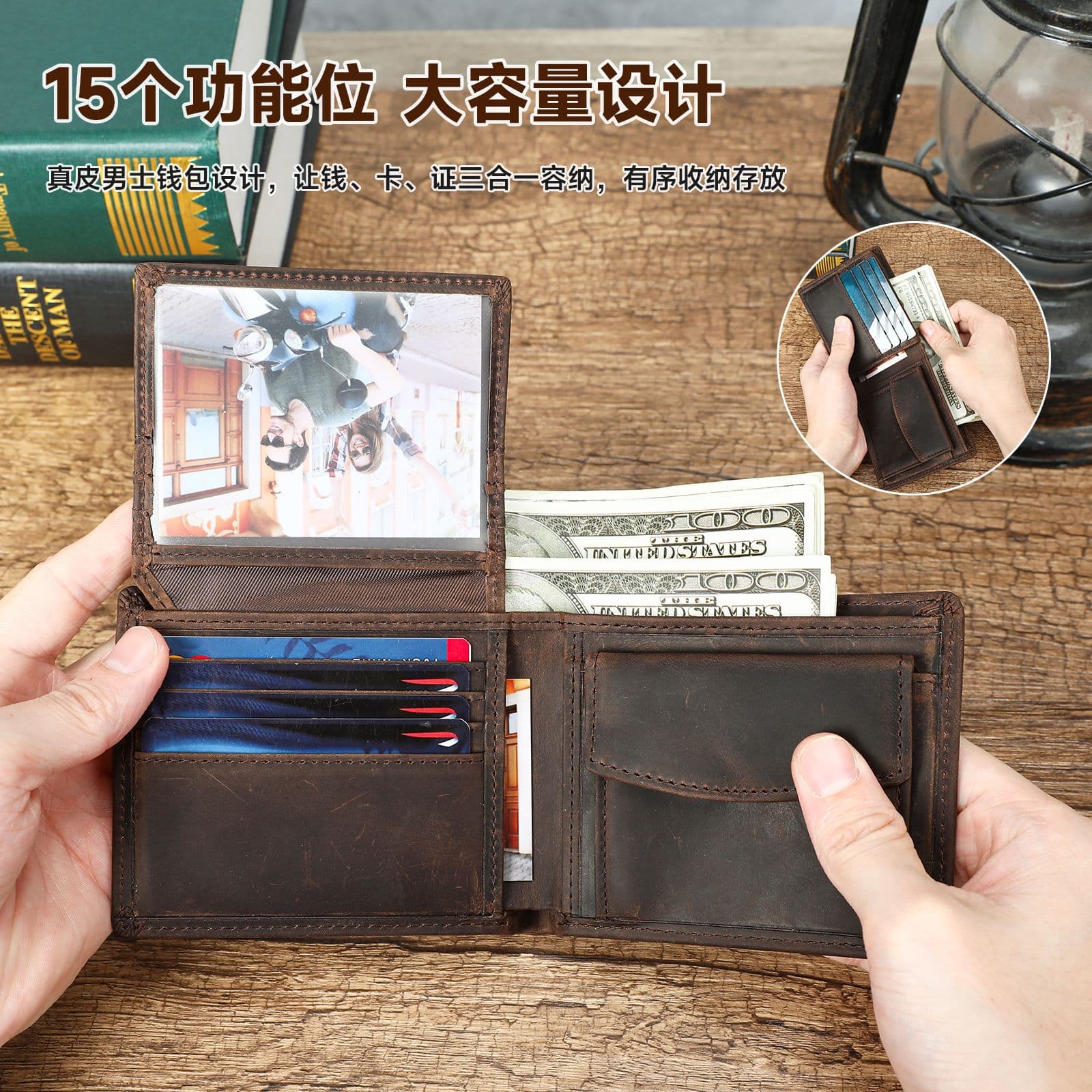 Style 1040 leather bifold wallet open interior with card, cash, photo and coin storage