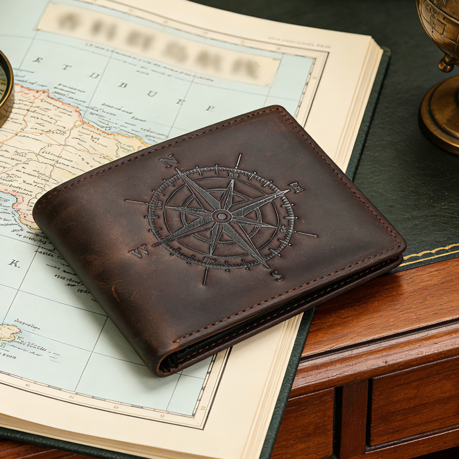Wholesale top-grain leather compass bifold wallet, style 1040