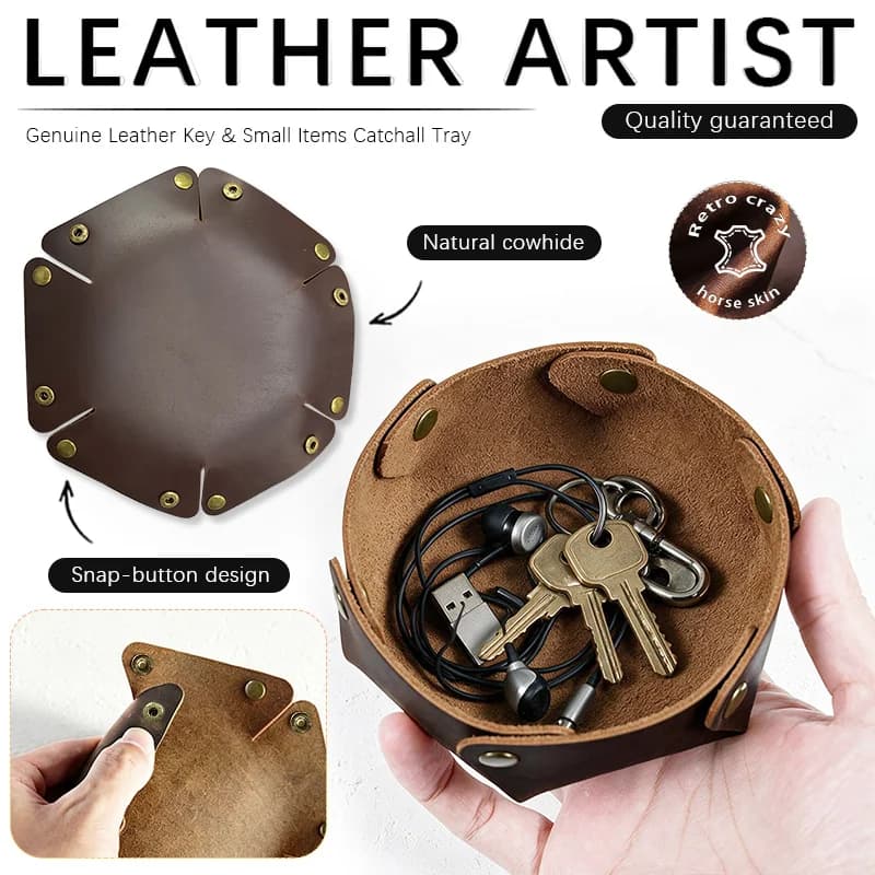 Style Q1009 top-grain leather folding catchall tray feature overview; display accessories not included