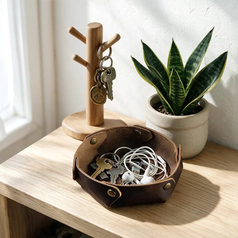 Style Q1009 top-grain leather folding catchall tray feature overview; display accessories not included