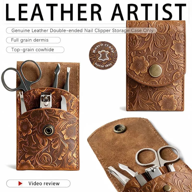 Style Q1002 embossed top-grain leather manicure scissors storage pouch feature overview; tools shown are not included