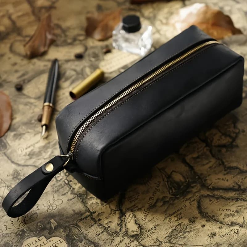 Black style Q1004 leather pen and tool pouch with top zipper and leather pull