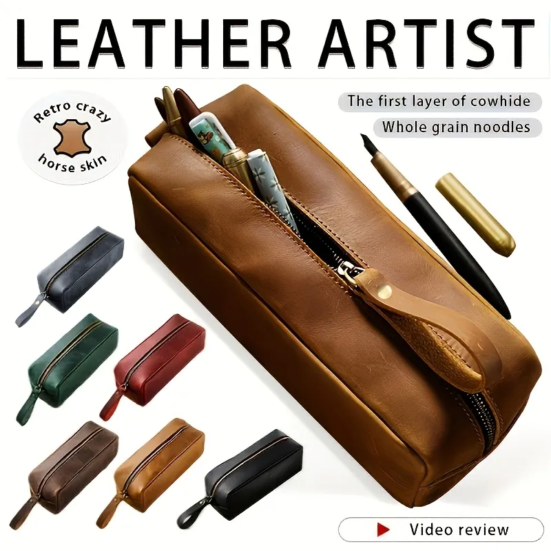 Style Q1004 leather multipurpose pen case feature overview with color examples; pens shown are not included