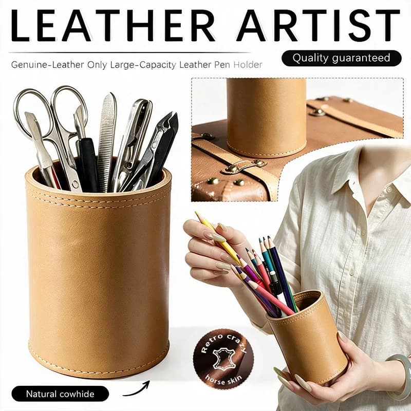 Style Q1006 top-grain leather cylindrical pen holder feature overview; display tools not included