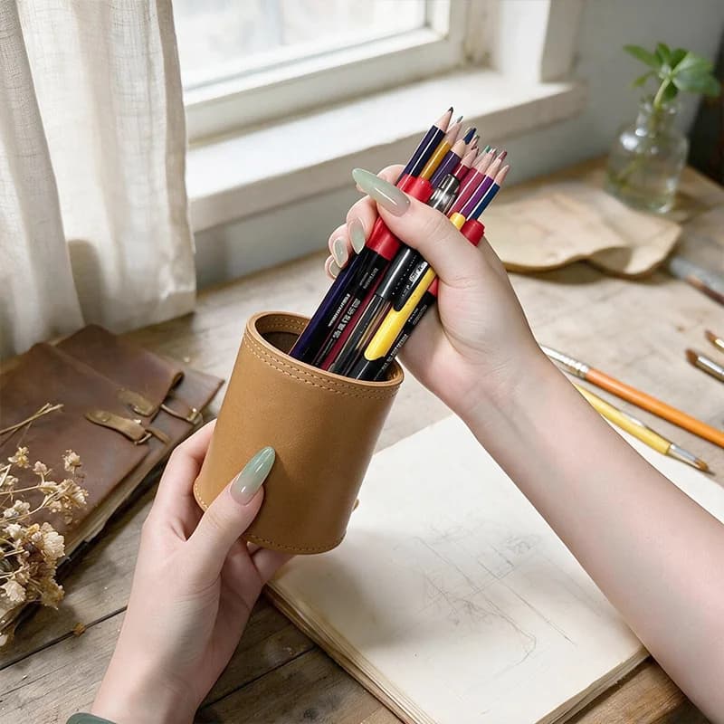 Style Q1006 top-grain leather cylindrical pen holder feature overview; display tools not included