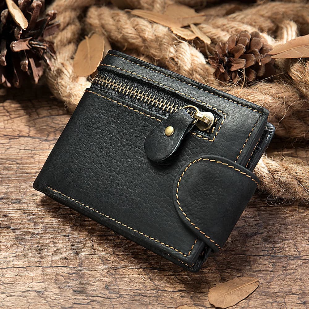Black top-grain leather short bifold wallet with snap-tab closure