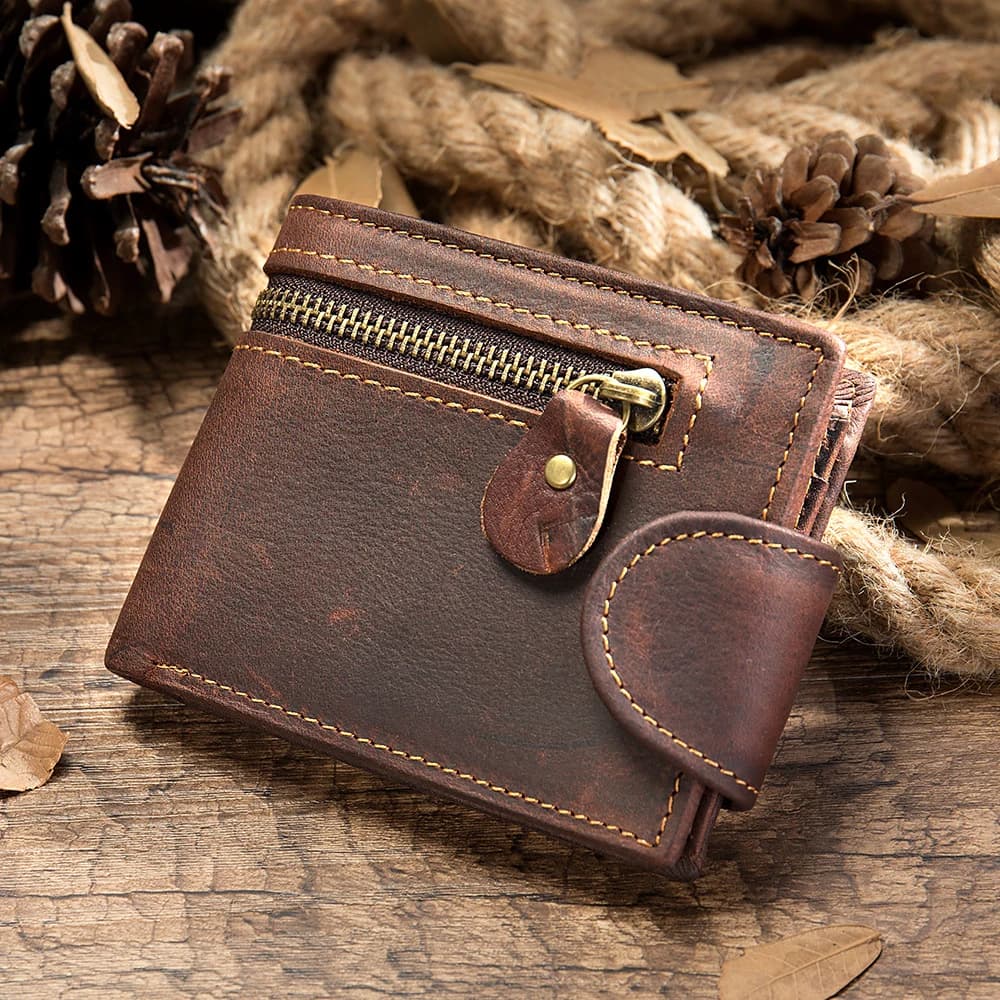 Coffee top-grain cowhide zip coin pocket bifold wallet, style 7042